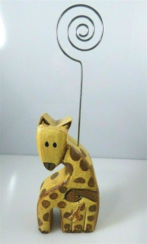 Wood Carved Brown Giraffe Photo Card Picture Wire Holder .